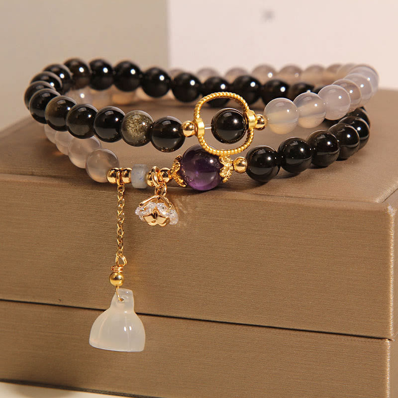 KarmaRipple's Gold Sheen Obsidian Gray Agate Lotus Talisman Strengthen Double Wrap Bracelet p6