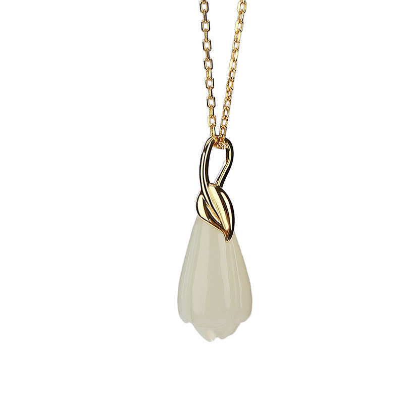 KarmaRipple's 925 Sterling Silver Plated Gold Authentic Hetian Jade Magnolia Flower Abundance Pendant Necklace p8