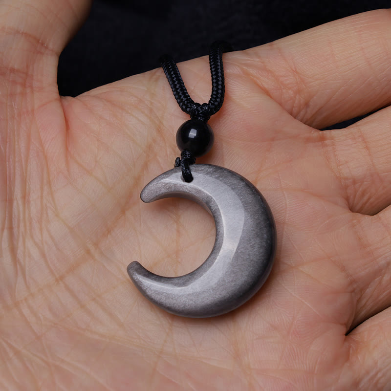 KarmaRipple's Authentic Silver Sheen Obsidian Selenite Gemstone Crescent Moon Yin Yang Pair Protection Pendant Necklace p7