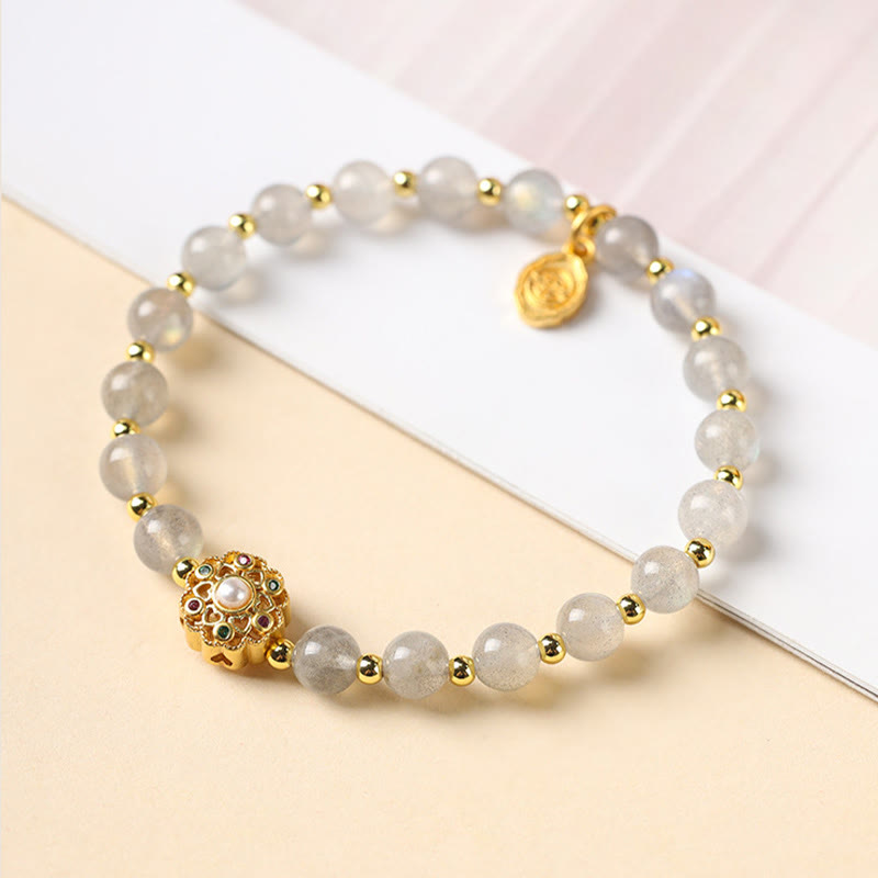 KarmaRipple's 14K Gold Plated Authentic Strawberry Quartz Labradorite Sun Stone Fu Character Positive Talisman Bracelet p8