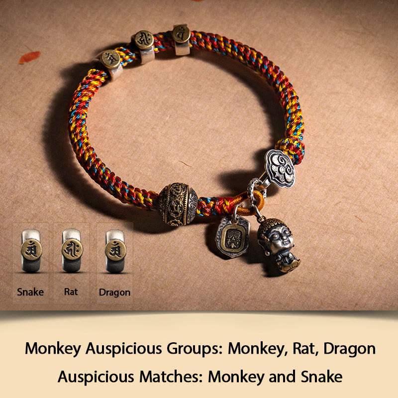 KarmaRipple's Handmade Tibetan 925 Sterling Silver Chinese Zodiac Natal Buddha Zakiram Goddess of Wealth Protection Multicolored Rope Woven Bracelet p9