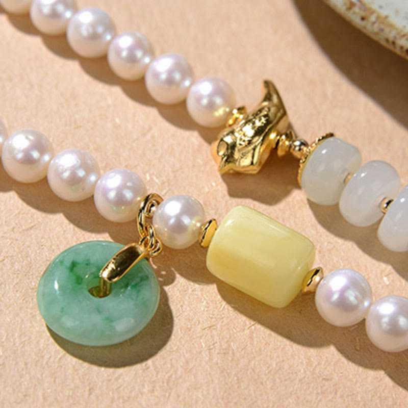 KarmaRipple's 925 Sterling Silver Pearl Hetian Jade Red Agate Double Happiness Amber Fortune Quadruple Wrap Bracelet p6