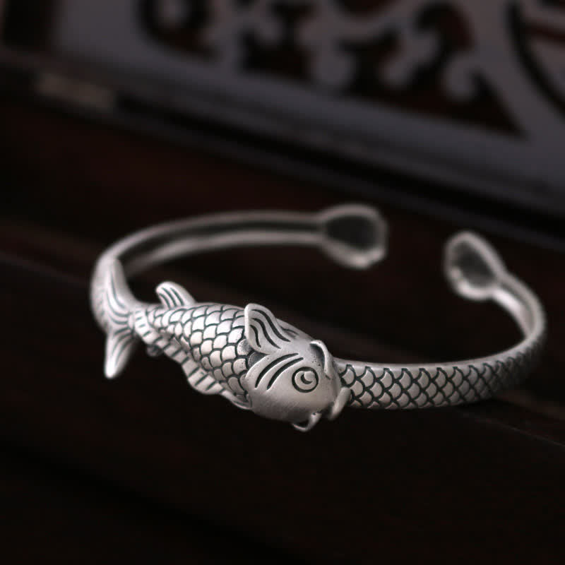 KarmaRipple's 990 Sterling Silver Koi Fish Lotus Fortune Wealth Bracelet Bangle p5