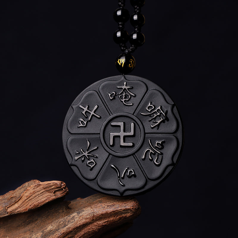 KarmaRipple's Authentic Black Obsidian Tibetan Om Mani Padme Hum Buddha Swastika Fortune Pendant Necklace p12