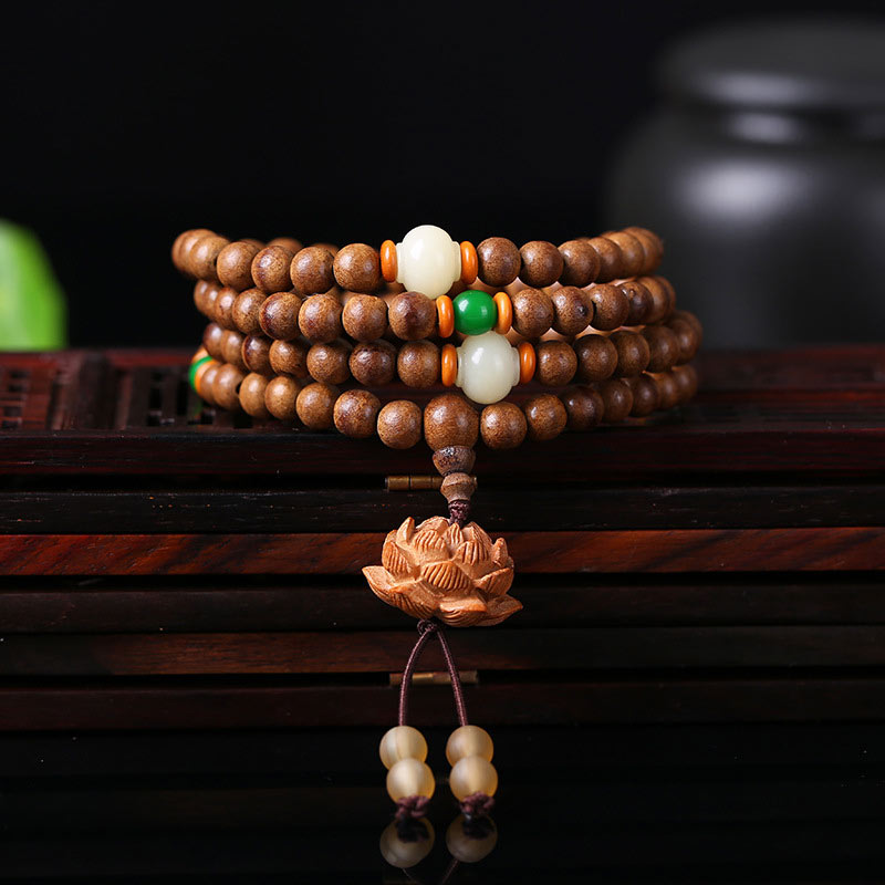 KarmaRipple's 108 Mala Beadwork Peach Wood Bodhi?Seed Lotus Prayer Meditation Bracelet p1