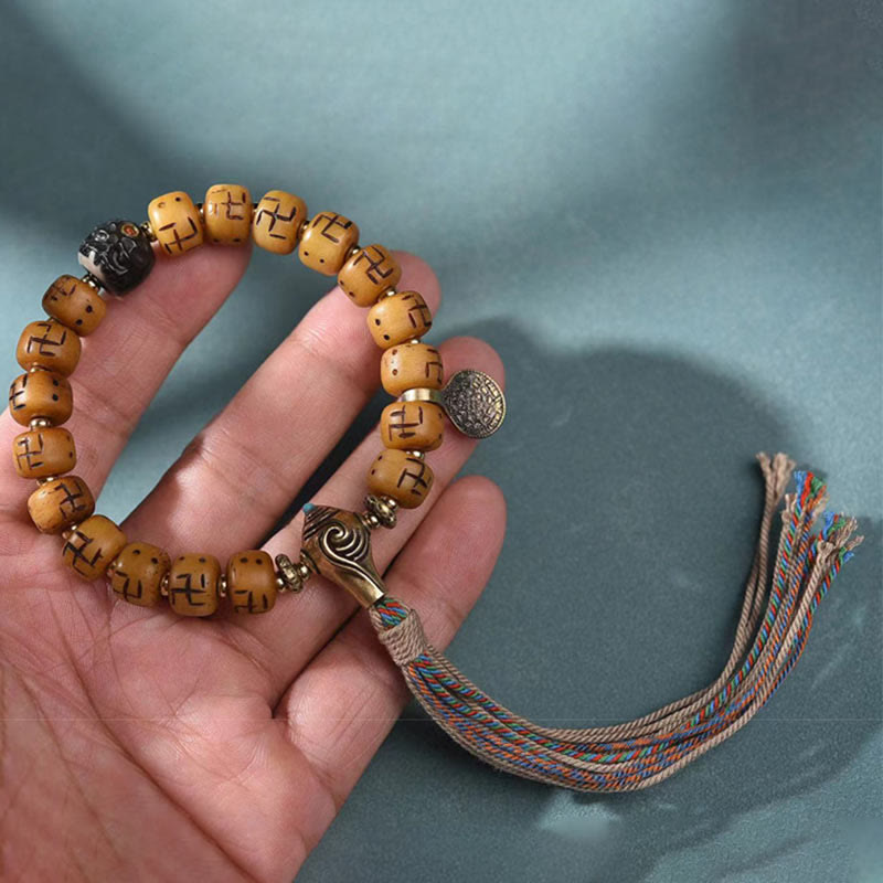 KarmaRipple's Authentic Tibetan Camel Bone Swastika Dzi Bead Shankha Buddha Talisman Kirtimukha Fortune Protection Tassel Bracelet p8