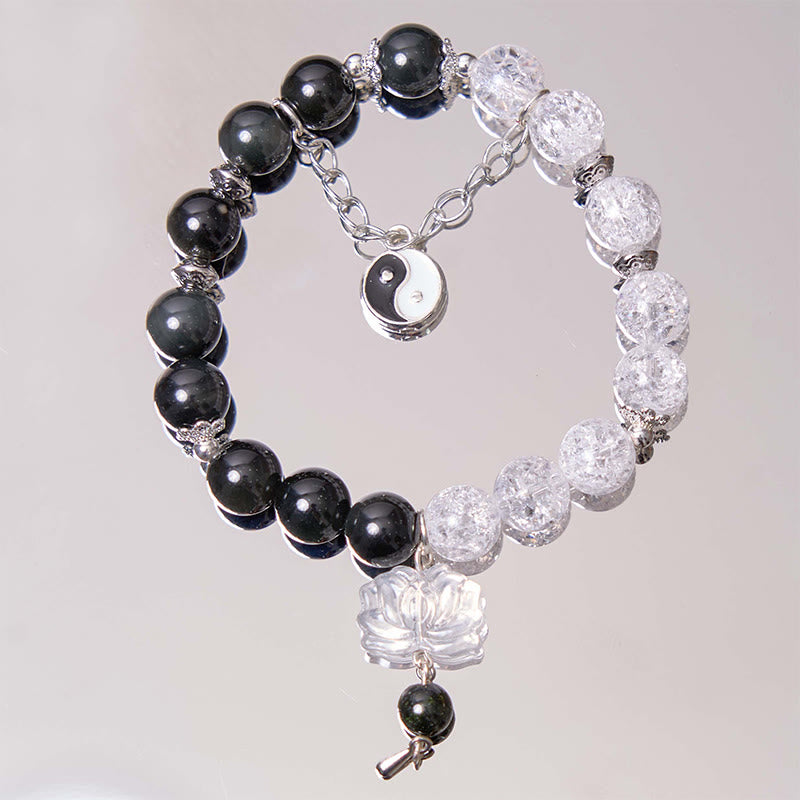 KarmaRipple's Silver Sheen Obsidian Crackle Clear Quartz Black Rutilated Quartz Yin Yang Lotus Protection Bracelet p1