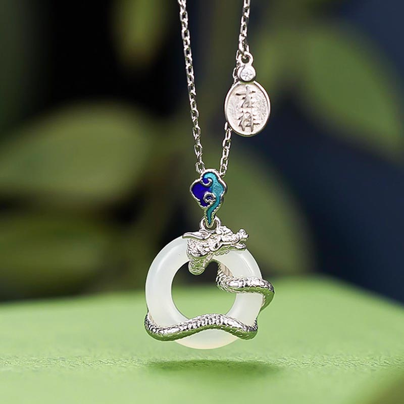 KarmaRipple's Year Of The Dragon 925 Sterling Silver Hetian Ivory Jade Peace Buckle Auspicious Clouds Success Pendant Necklace p2
