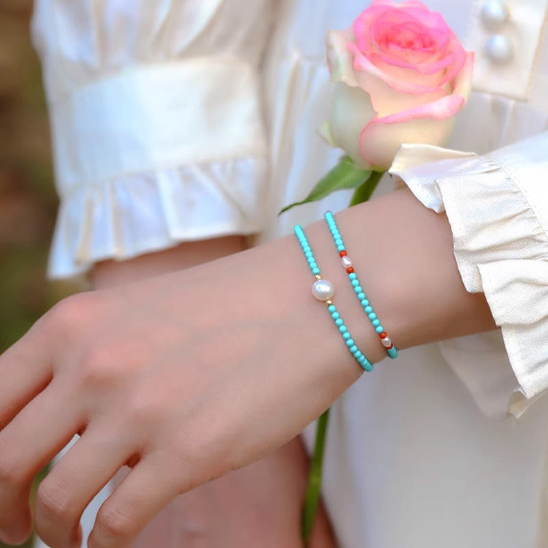 KarmaRipple's Turquoise Red Agate Pearl Small Beaded Protection Bracelet p16