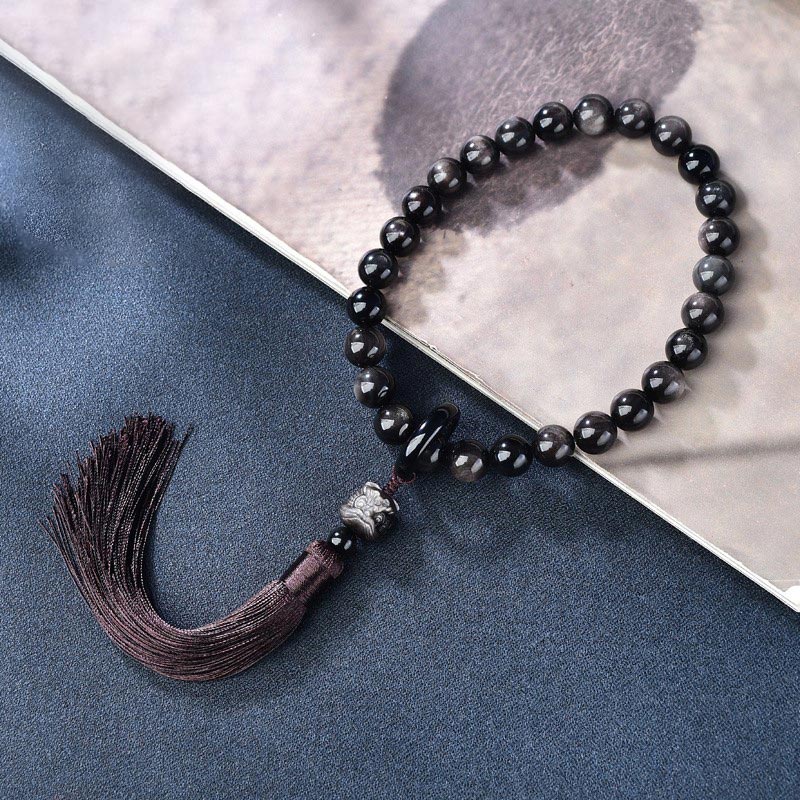 KarmaRipple's Authentic Silver Sheen Obsidian Lion Wrist Mala Protection Tassels Pocket Mala Car Decoration p9
