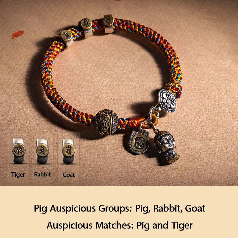 KarmaRipple's Handmade Tibetan 925 Sterling Silver Chinese Zodiac Natal Buddha Zakiram Goddess of Wealth Protection Multicolored Rope Woven Bracelet p12