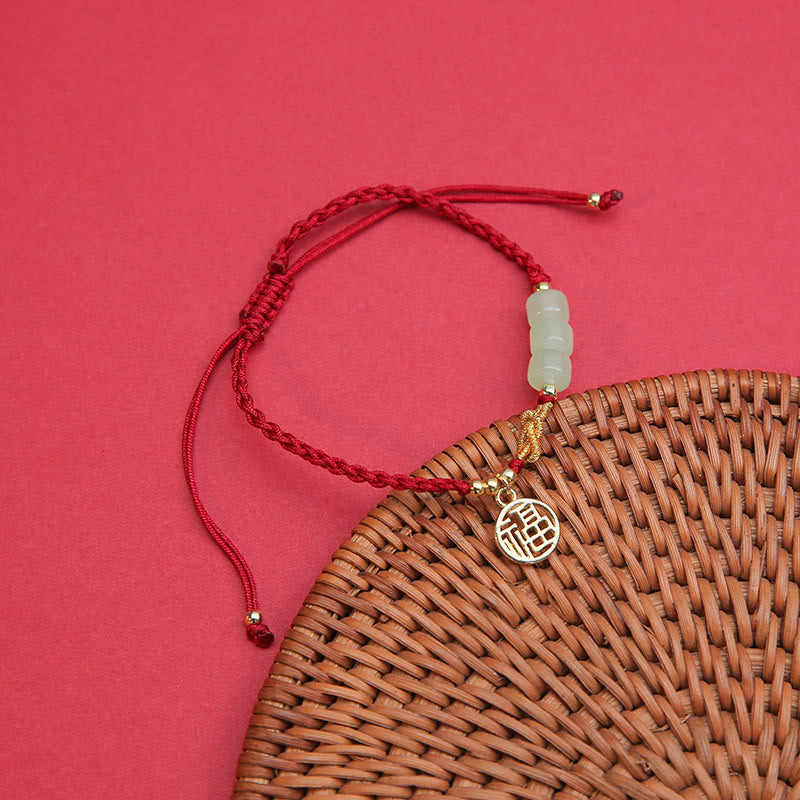KarmaRipple's Handcrafted Jade Bead Fu Character Talisman Fortune Red Rope Bracelet p2