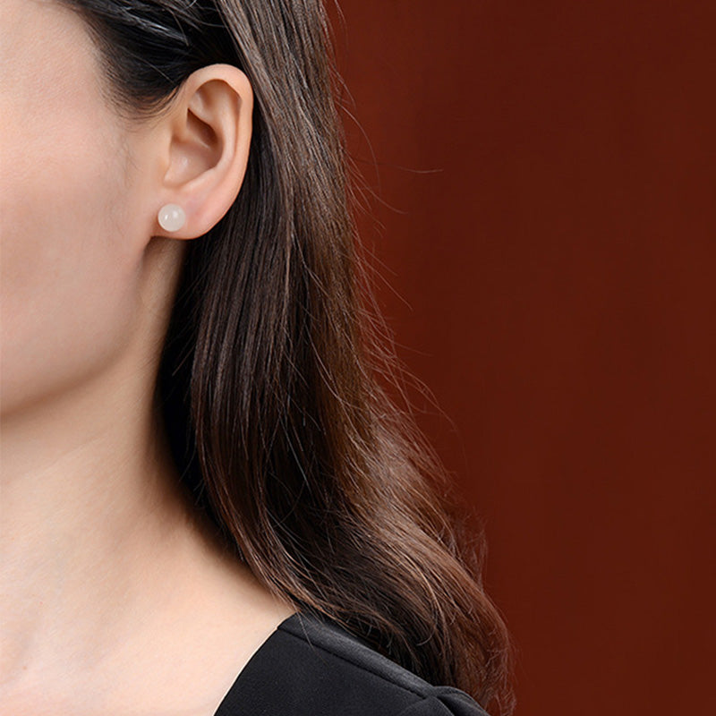 KarmaRipple's 925 Sterling Silver Round Ivory Jade Blessing Stud Earrings p9