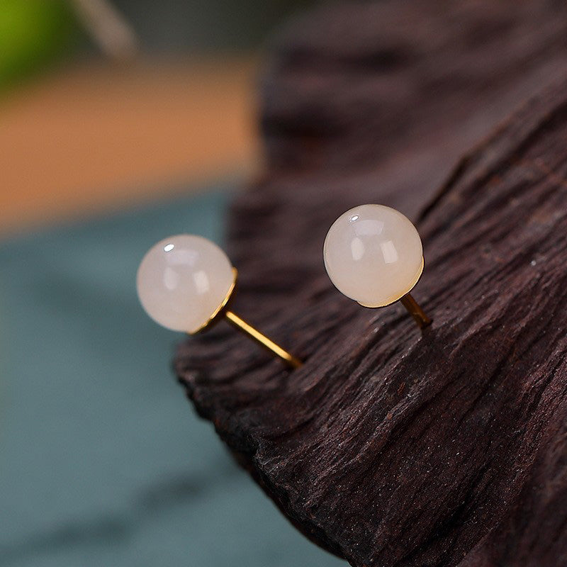 KarmaRipple's 925 Sterling Silver Round Ivory Jade Blessing Stud Earrings p15