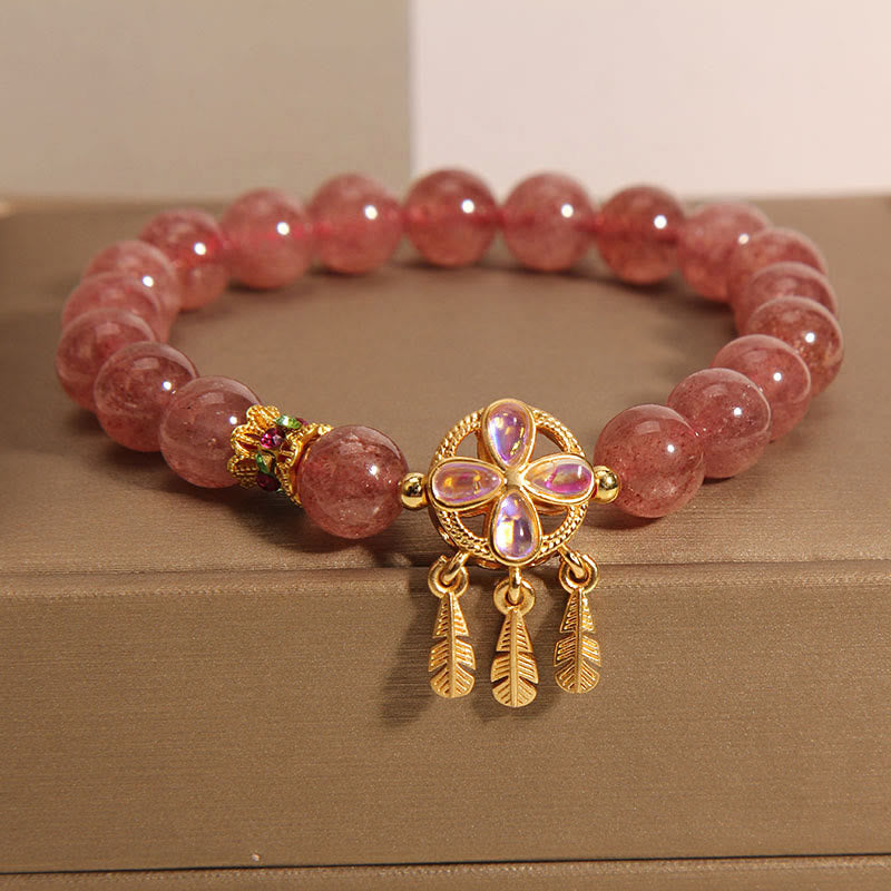 KarmaRipple's Authentic Strawberry Quartz Four Leaf Clover Dreamcatcher Talisman Love Bracelet p4