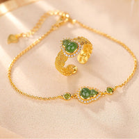 KarmaRipple's 925 Sterling Silver Plated Gold Authentic Hetian Cyan Jade Gourd Fortune Bracelet Ring Set