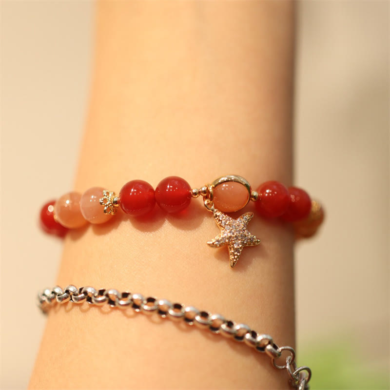 KarmaRipple's Sun Stone Peach Moonstone Red Agate Gemstone Star Wealth Bracelet p4