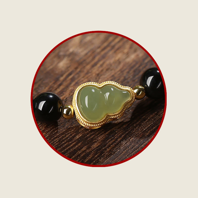 KarmaRipple's Authentic Black Obsidian Hetian Jade Gourd Double Happiness Strength Bracelet p14