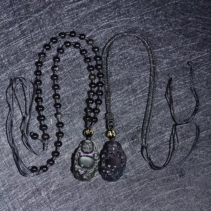 KarmaRipple's Authentic Rainbow Obsidian Laughing Buddha Inner Peace Pendant Necklace p6