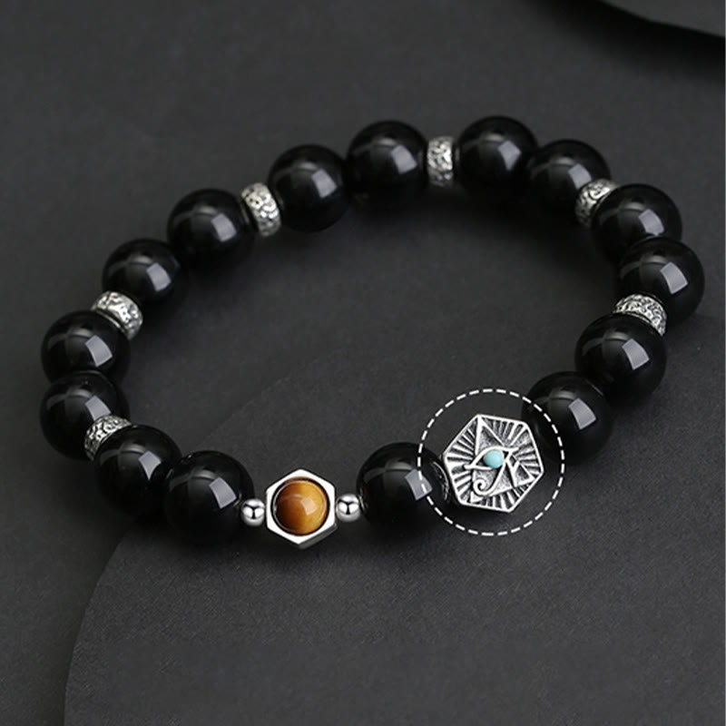 KarmaRipple's 925 Sterling Silver Black Obsidian Tiger Eye Eye of Providence Purification Bracelet p7