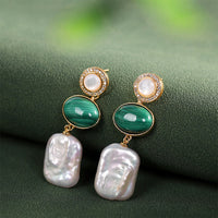 KarmaRipple's 925 Sterling Silver Authentic Baroque Pearl Malachite Balancing Wisdom Drop Earrings