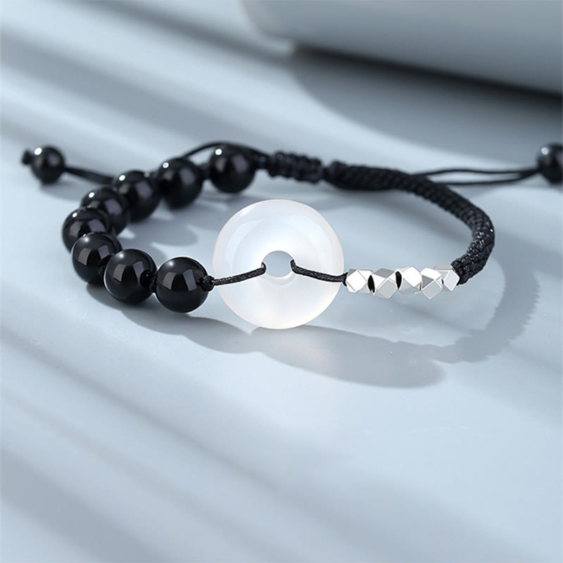 KarmaRipple's 925 Sterling Silver Black Obsidian Agate Peace Buckle Strength Bracelet p9
