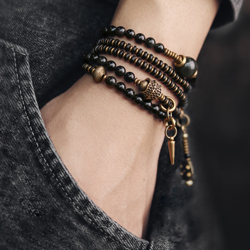 KarmaRipple's Rainbow Obsidian Ebony Wood Bronze Positive Multilayer Bracelet p3