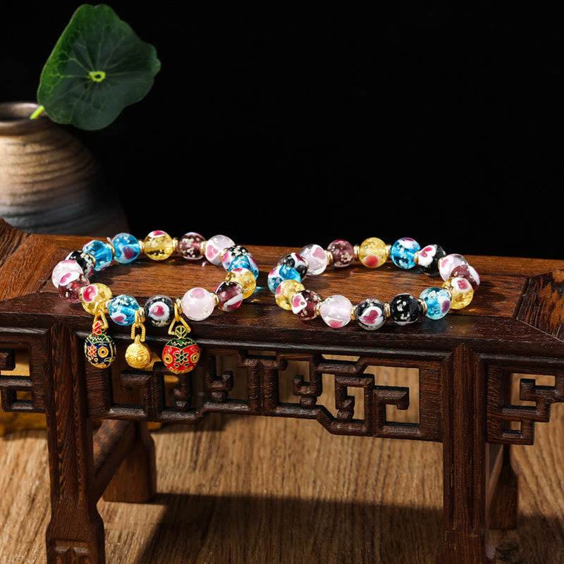 KarmaRipple's Gold Swallowing Beast Family Pink Love Heart Luminous Fluorescent Liuli Glass Bead Bracelet p15