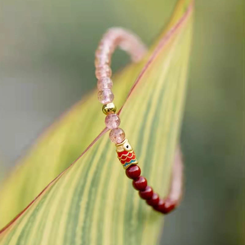 KarmaRipple's Authentic Strawberry Quartz Cinnabar Fortunate Koi Fish Balancing Bracelet p22