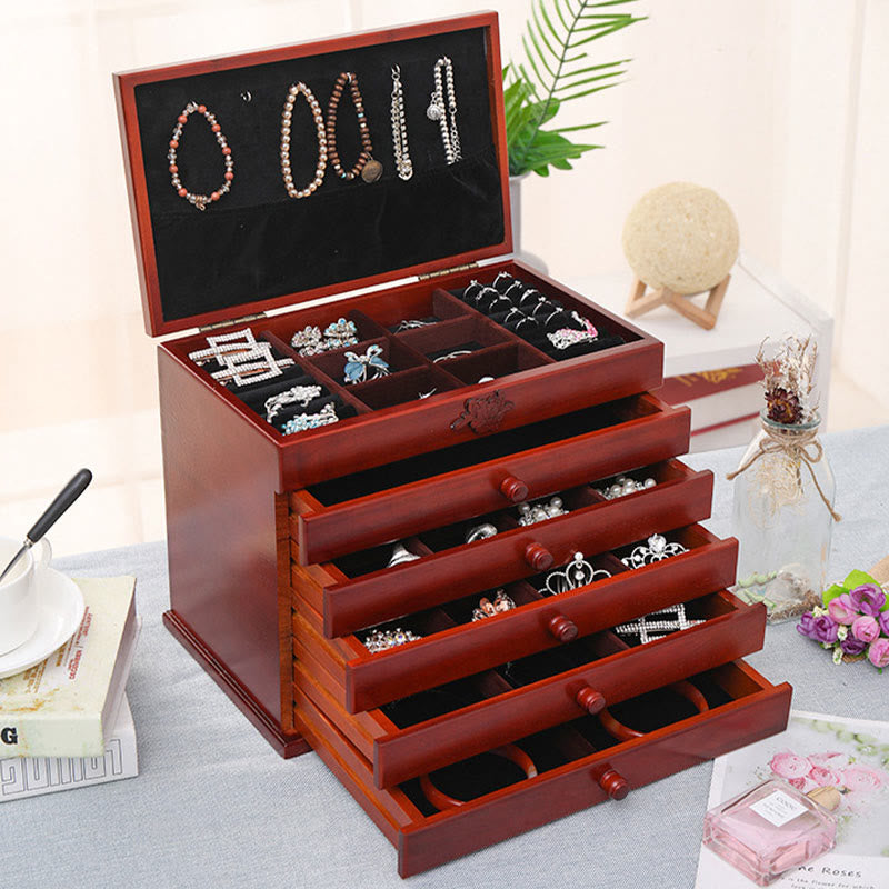 KarmaRipple's Large Capacity Vintage Flowers Carved Wooden Jewelry Box Six-Layer Jewelry Storage Box p18