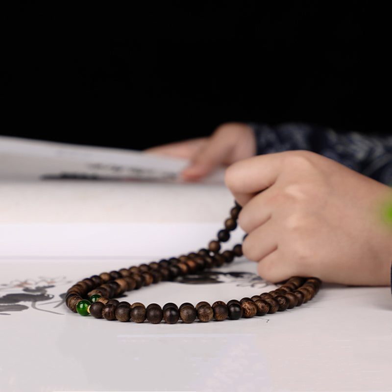 KarmaRipple's 108 Mala Beadwork Indonesia Tarakan Rare Agarwood Cyan Jade Ward Off Evil Spirits Bracelet p15
