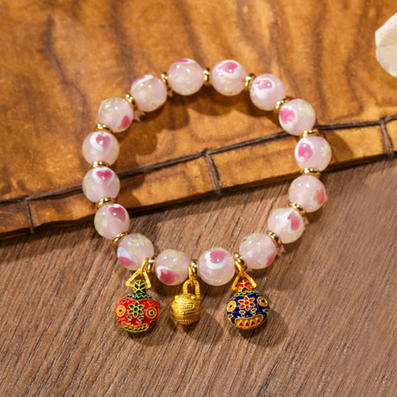 KarmaRipple's Gold Swallowing Beast Family Talisman Luminous Pink Love Heart Fluorescent Liuli Glass Bead Blessings Bracelet p1