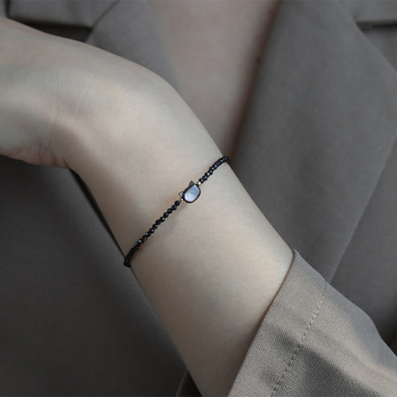 KarmaRipple's 14K Gold Plated Black Spinel Ivory Gemstone Cute Cat Tridacna Stone Balancing Bracelet p5