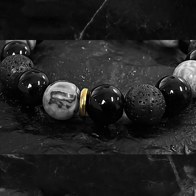 KarmaRipple's Black Obsidian Lava Rock Stone Yin Yang Strength Bracelet p7