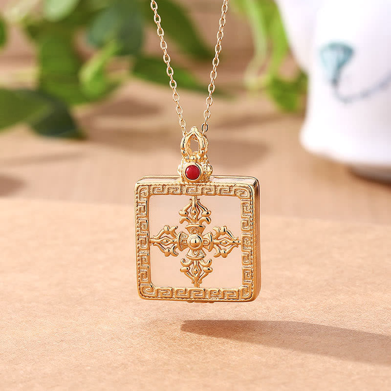KarmaRipple's 24K Gold Plated Ivory Jade Double Dorje Protection Fortune Pendant Necklace p7