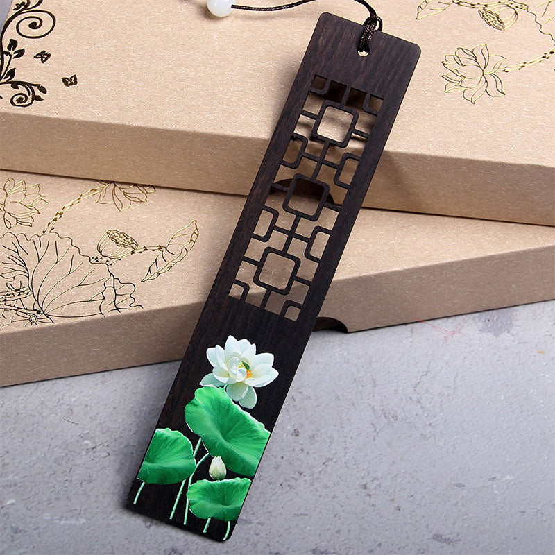 KarmaRipple's Green Lotus Bamboo Oriole Ebony Wood Bookmarks With Gift Box p1