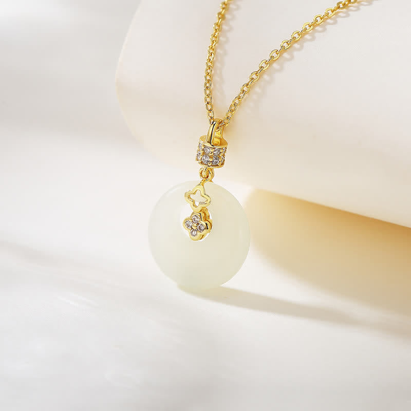 KarmaRipple's 925 Sterling Silver Hetian Ivory Jade Coin Flower Peace Buckle Fortune Pendant Necklace p9