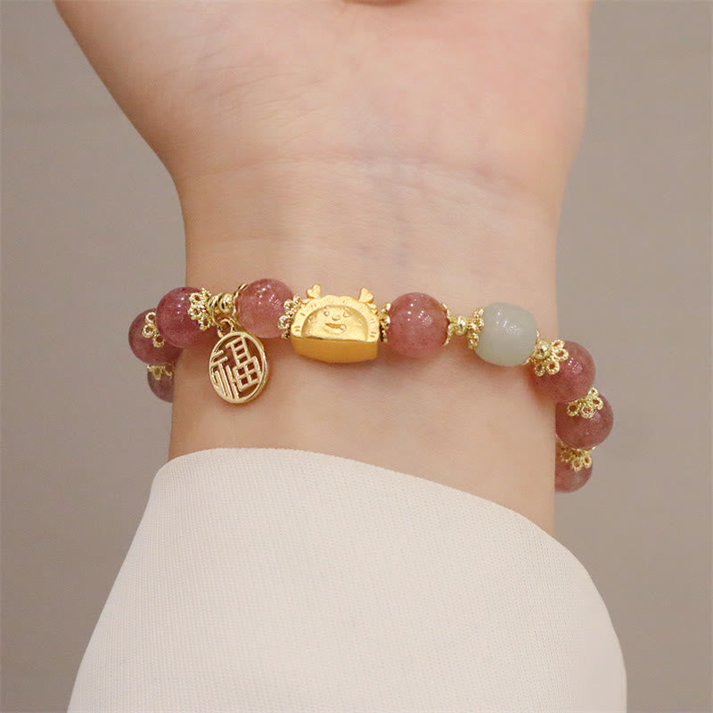 KarmaRipple's Year Of The Dragon Red Agate Strawberry Quartz Black Obsidian Jade Garnet Pearl Cinnabar Dumpling Dragon Fortune Fu Character Bracelet p18
