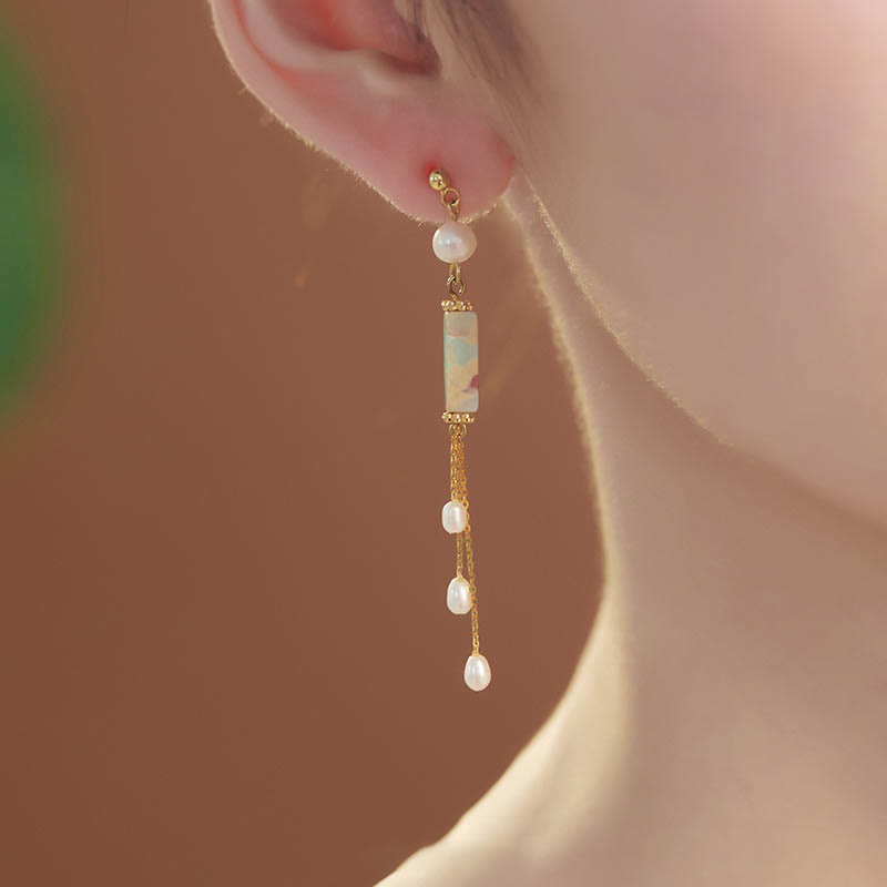 KarmaRipple's 925 Sterling Silver Posts Shoushan Stone Pearl Balancing Drop Earrings p3