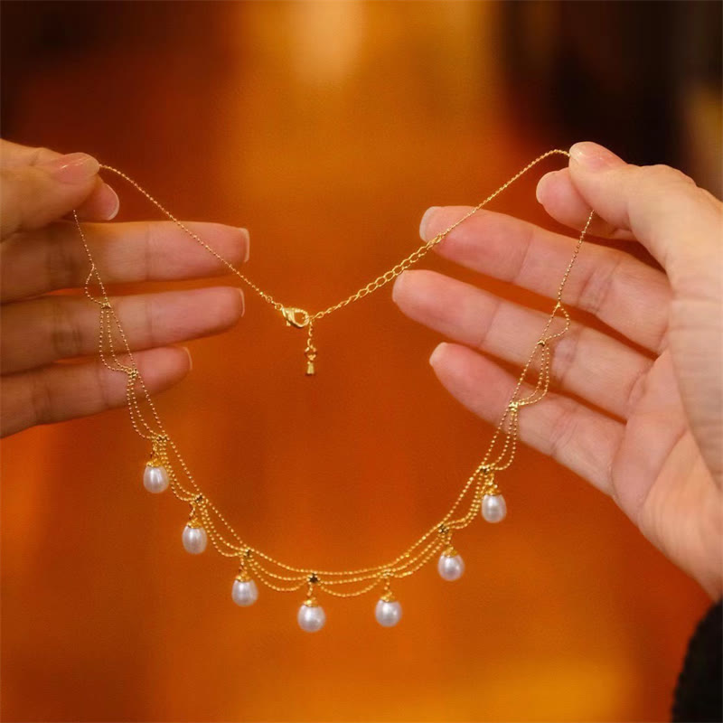 KarmaRipple's Vintage 14K Gold Plated Pearl Bead Balancing Multilayer Pendant Necklace p5