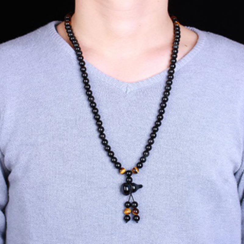 KarmaRipple's Authentic Black Obsidian Rainbow Obsidian Gourd Blessing Bracelet Mala p4