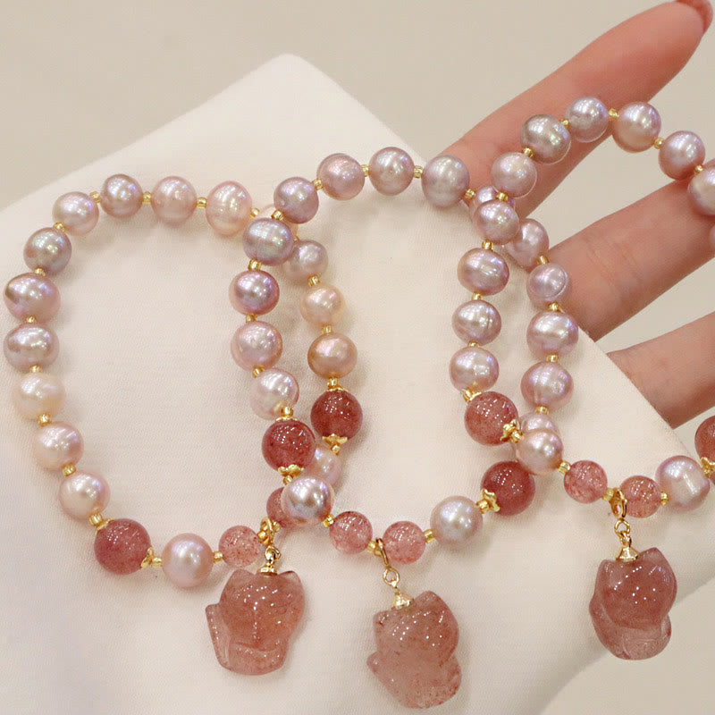 KarmaRipple's Authentic Pearl Strawberry Quartz Cute Fox Love Balancing Talisman Bracelet p5