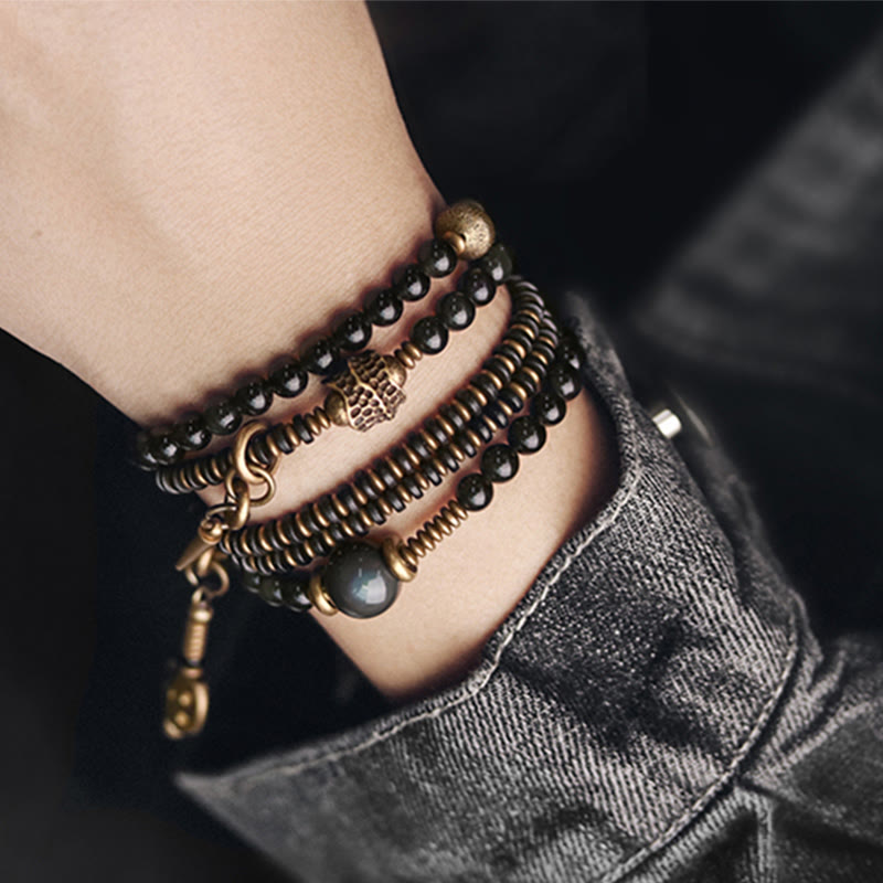 KarmaRipple's Rainbow Obsidian Ebony Wood Bronze Positive Multilayer Bracelet p12