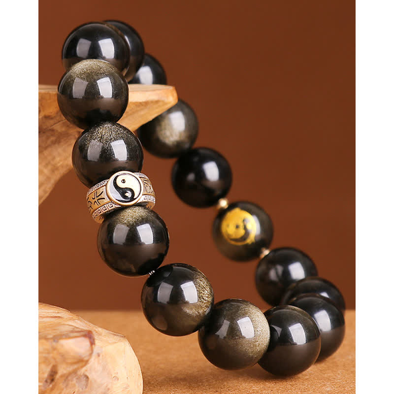 KarmaRipple's 925 Sterling Silver Black Obsidian Gold Sheen Obsidian Silver Sheen Obsidian Yin Yang Protection Bracelet p20