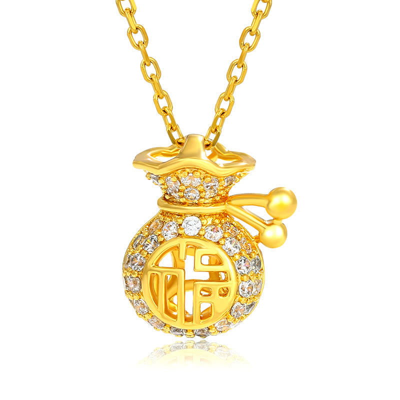 KarmaRipple's 24K Gold Plated Fu Character Fortune Money Bag Pendant Necklace p1