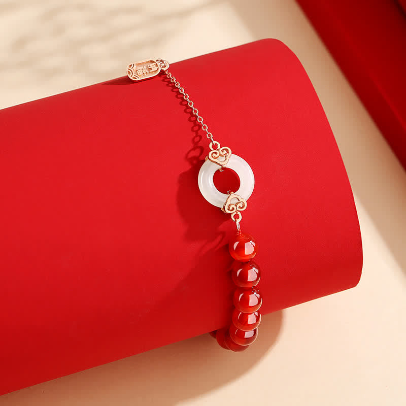 KarmaRipple's 925 Sterling Silver Authentic Red Agate Ivory Jade Peace Buckle Confidence Bracelet p4