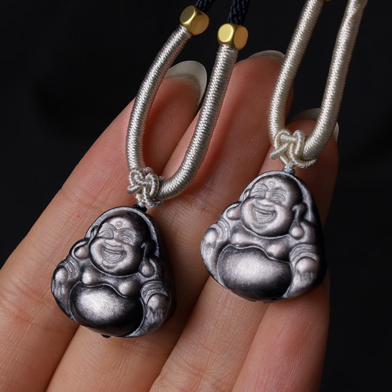 KarmaRipple's Authentic Silver Sheen Obsidian Laughing Buddha Protection Pendant Necklace p9