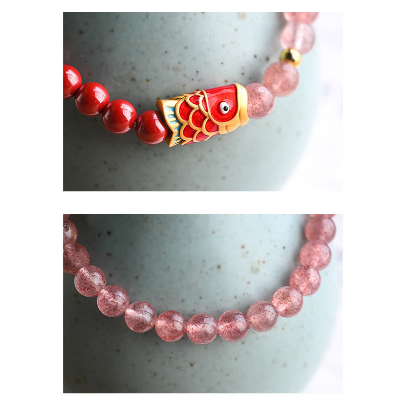 KarmaRipple's Authentic Strawberry Quartz Cinnabar Fortunate Koi Fish Balancing Bracelet p10