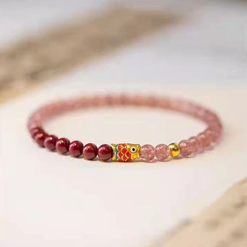 KarmaRipple's Authentic Strawberry Quartz Cinnabar Fortunate Koi Fish Balancing Bracelet p20