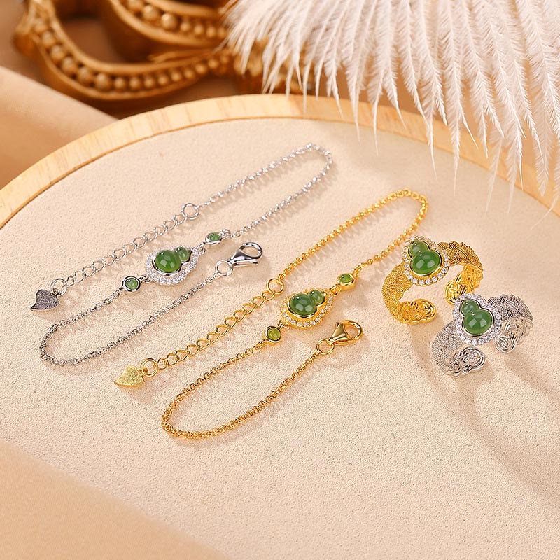 KarmaRipple's 925 Sterling Silver Plated Gold Authentic Hetian Cyan Jade Gourd Fortune Bracelet Ring Set p7